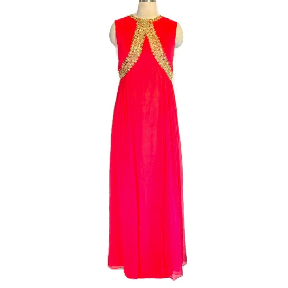 Vintage 1960's Hot Pink Maxi Length Gown w/ Gold Applique Detail SZ S/M